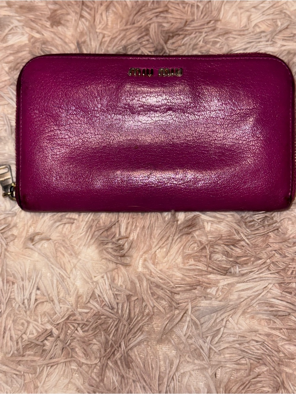 Authentic Miu Miu Magenta Leather Zip-Around Wallet + Entrupy COA